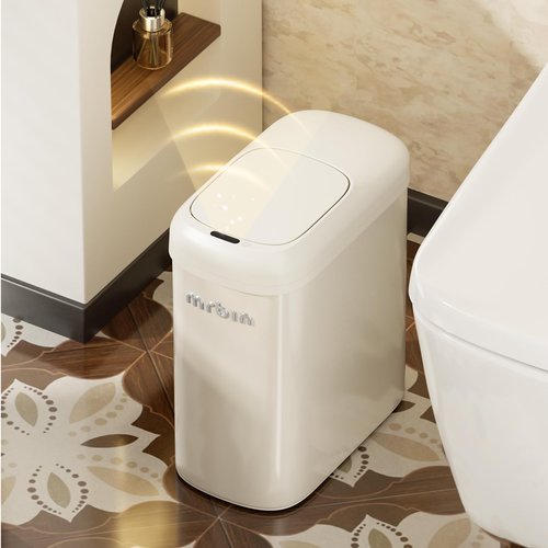 MRBIN Motion Sensor Adsorption Bag Bathroom Metal Trash Can with Lid and Wheels, 10L/2.6gal Automatic Removable Slim Electric Narrow Waste Basket for Near Desk Office, Bedroom, Kitchen, Rv, White