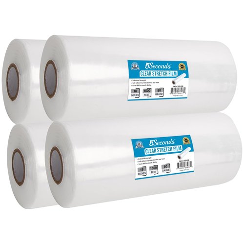 5Seconds Industrial Grade Pallet Stretch Wrap – 18" x 1500 Ft Clear Shrink Wrap, 80 Gauge, 7 Layers, 20 Microns, 800% Stretch – 4 Rolls – Heavy Duty Plastic Wrap for Moving & Storage