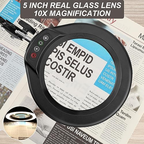 VEEMAGNI 5 Inch Large Magnifying Glass with Light and Stand, 5 Color Modes Stepless Dimmable, Long Swivel Arm LED Clamp Desk Lamp, Hands Free 10X Lighted Magnifier for Close Work Craft Hobby Soldering