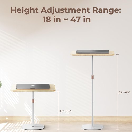 POLESTO Portable Laptop Floor Stand, Bedside/Sofa Table with Height Adjustable 18''~47'', Stylish Movable Workstation Floor Standing Desk for Office, Meeting Room, Living Room Easy Assembly, White
