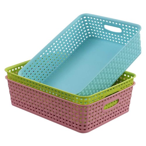 EudokkyNA Plastic Shallow Storage Basket Trays, Office Paper Trays Set of 3