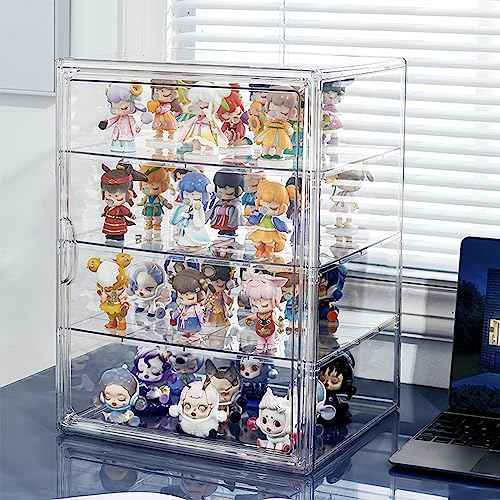 Extra Large 4 Tiers 15.7"X11.8"X9.8" Clear Acrylic Organizer Box Display Case, Plastic Holder with Magnetic Door and 3 Division Boards for Figures, Books, Handbags, Purses, Boots