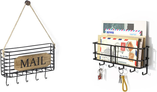 SRIWATANA Wall-Mounted Mail Organizer - Key Holder with Hooks for Easy Access and Storage