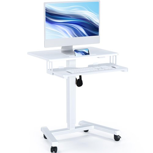 BONTEC Mobile Standing Desk with Keyboard Tray, Mobile Podium, Computer Workstation Up to 33lbs, Laptop Sit or Stand Desk on Wheels, Height Adjustable Stand Up Table for Living Room, Bedroom, White