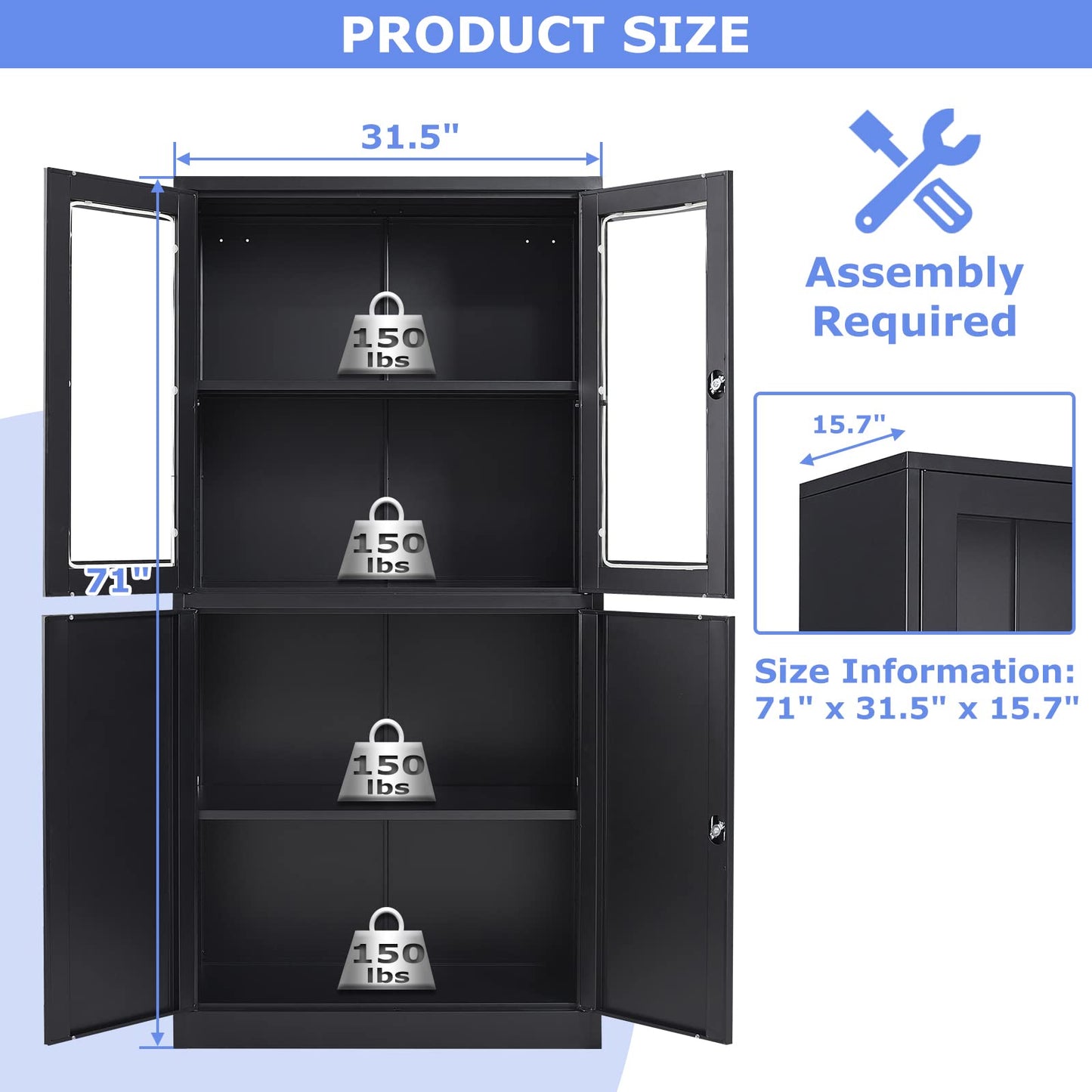 AFAIF 71”H Display Cabinet with Adjustable Shelves, 4 Door Display Cabinets with Glass Door, Black Metal Display case, Locking Steel Storage Caninet for Home/Office/Living Room -Assembly Required