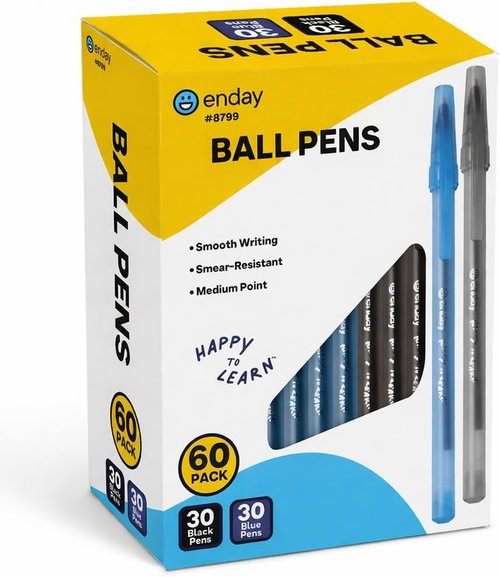 Enday Ballpoint Pens - 60 Pack with 30 Blue & 30 Black | Medium Point 1.0mm for Smooth Writing & Comfort