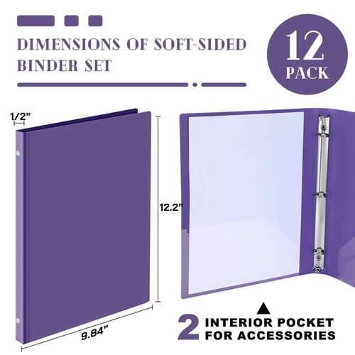 Fulmoon 12 Pcs Economy View 3 Ring Plastic Binder 12.2 x 9.8 Inch Plastic Round Ring Binders with Pockets Notebinder for Meetings for Home, Office, School(Purple, 1/2 Inch)
