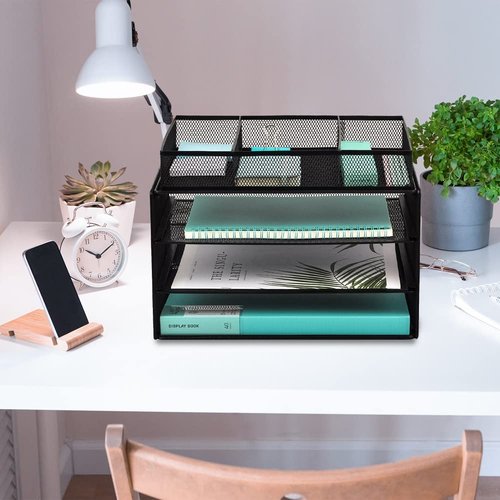 EASEPRES Paper Organizer Tray, 3 Tier Mesh Desk File Organizer Letter Sorter Holder with Drawer for Home Office, Black