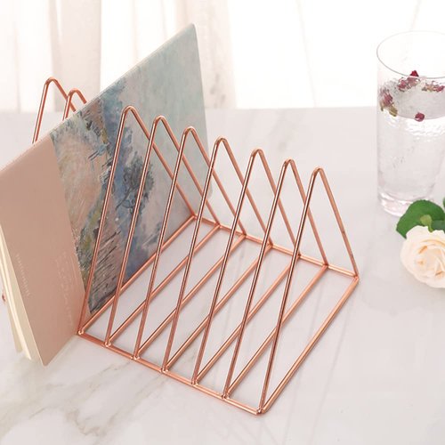 Sooyee 2 Pack 9 Slot Rose Gold Magazine Holder,Desktop File Sorter Organizer Triangle Bookshelf Decor Home Office