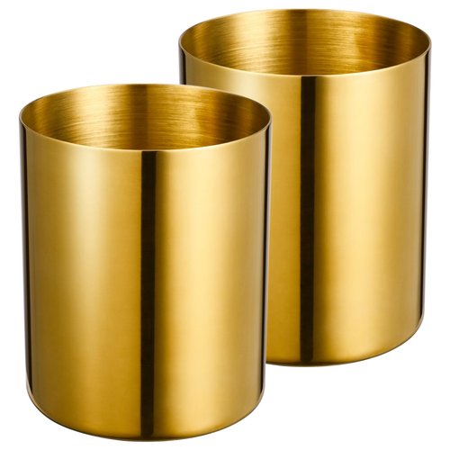 Lidwot Set of 2 Golden 304 Stainless Steel Mirror-Polished Round Pen Holder – Nordic Style Pencil Cup & Makeup Brush Organizer for Office, Home, Kitchen, Bathroom, and Vanity