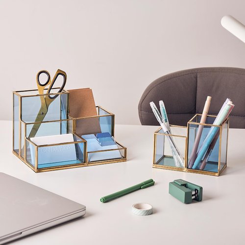 FONDAZZA Gold & Blue Glass Desk Organizer - Elegant Office Decor, Aesthetic Makeup Brush Holder, 2-Compartment Pen Holder, Pencil Cup, Vanity & Cosmetic Storage, Desk Accessories for Women