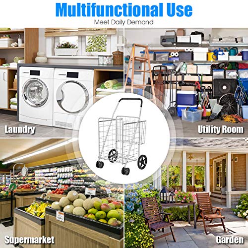 BETTARY Jumbo Folding Shopping Cart, Metal Grocery Cart on Wheels with Double Basket, Heavy Duty Utility Cart with 360¡Æ Swivel Wheels for Grocery, Laundry, Book, Luggage, Travel, Silver