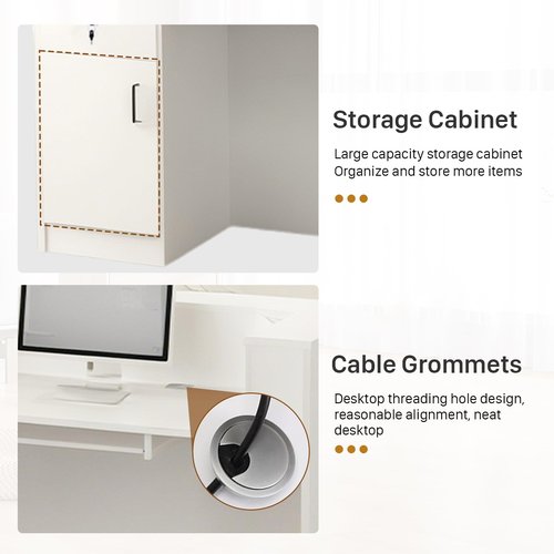 STLWR Modern Reception Desk with Locking Drawers, of Multi-Layer Solid Wood, Three-Color LED Light Strip & File Cabinet, Office Display Counters Retail Reception Desk (All White-Right, 70.9")