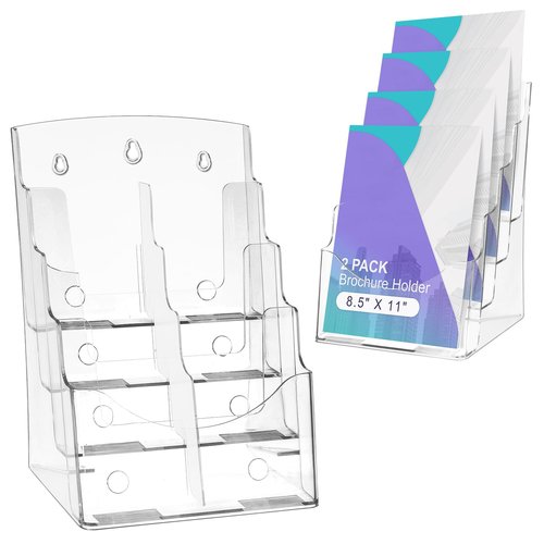 AMGSH 2 Pack 4 Tier Brochure Holder 8.5” x 11” Acrylic Literature Holder with Removable Divider for 4” x 9” Brochure, Clear Flyer Holder Pamphlet Display Stand