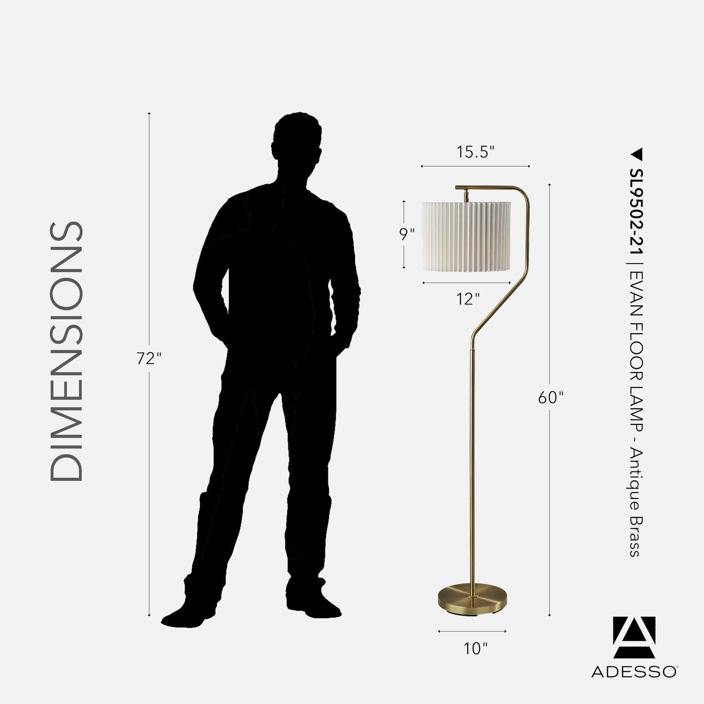 Adesso Antique Brass Floor Lamp with White Pleated Lampshade – 3-Way Modern Accent Light for Bedroom, Living Room, and House Décor, 60” Tall