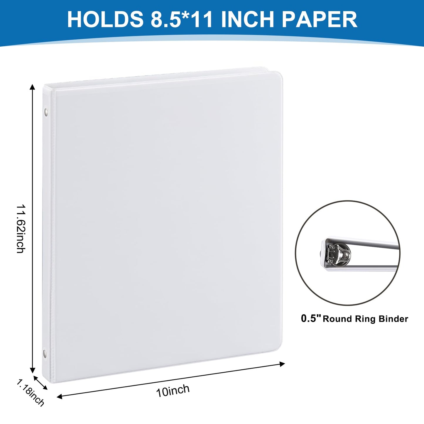 1/2 Inch 3-Ring Binder, 0.5-inch Round Ring Binder with 2 Inside Pockets, 12 Pack White Binders, Clear View CoverBinder Holds 8.5'' x 11''Paper for Office/Home/Back to School