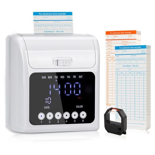 Tera Time Clocks with Extra 100pcs Time Cards (2 Sided, Monthly, 3.34*7.4") Employee Attendance Punch Payroll Recorder LCD Display Screen Electronic Time Recorder for Employees Small Business Office