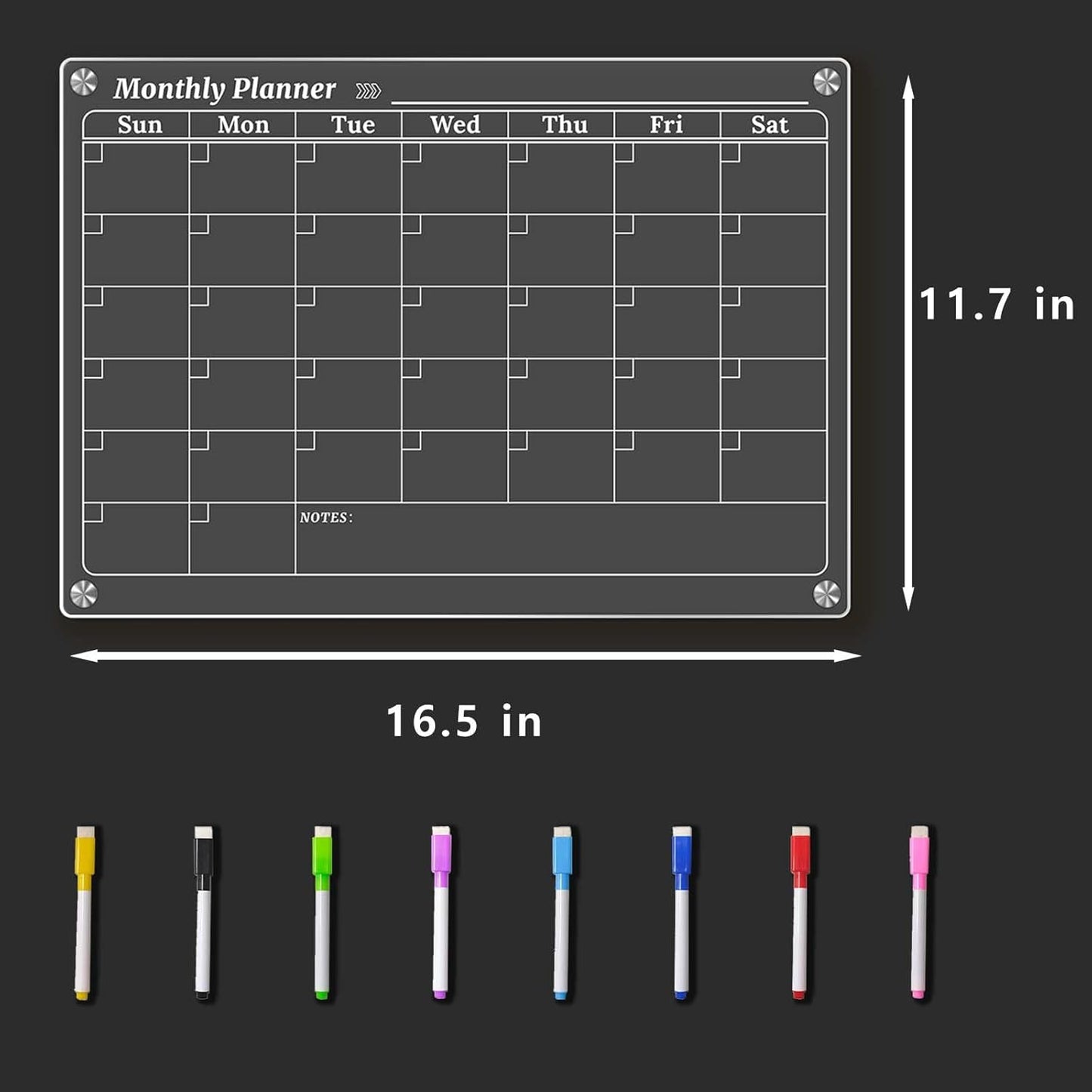 Skiennix Monthly Dry Erase Calendar - Clear Magnetic Planner with 8 Markers | 16.5"x11.7" Size