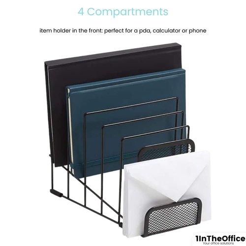 1InTheOffice Metal Incline Desktop File Sorter, Black Wire Mesh Step Sorter, 6 Compartments
