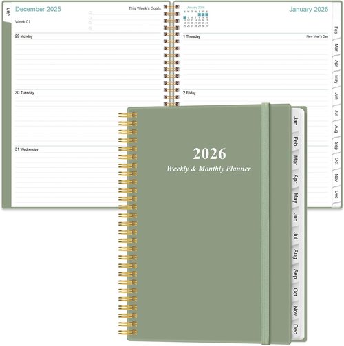 2026 Planner - Monthly Planner with Flexible Cover, Inner Pocket | 8.5" x 11", Green-B