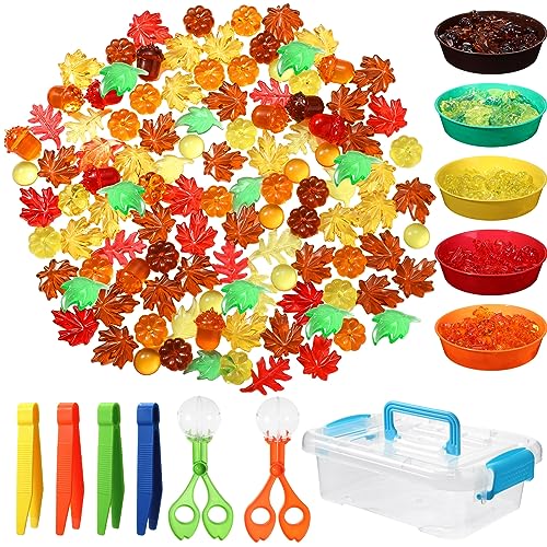 147 Pcs Fine Motor Toys Counting Sorting Fall Decorations, Sensory Bin Filler, 135 Acrylic Fall Leaves Pumpkin 4 Tweezers 2 Scissors Clips 5 Cups Storage Box for Fall, Autumn Thanksgiving Decor