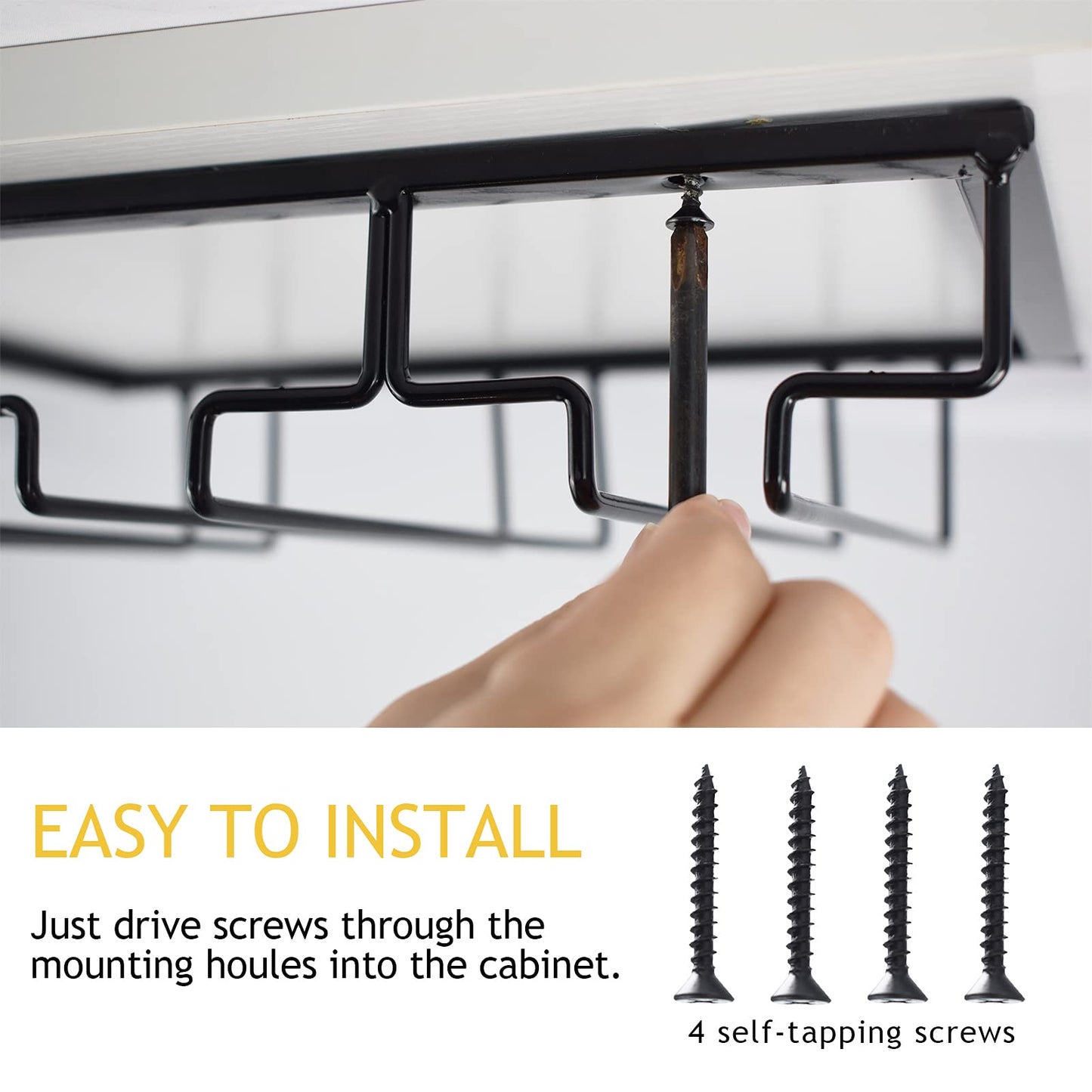 Wtiujhg Wine Glass Rack, Under Cabinet Stemware Rack Wine Glass Holder, 4 Rows Black Metal Wine Glass Storage Hanger Under Shelf for Cabinet Kitchen Bar