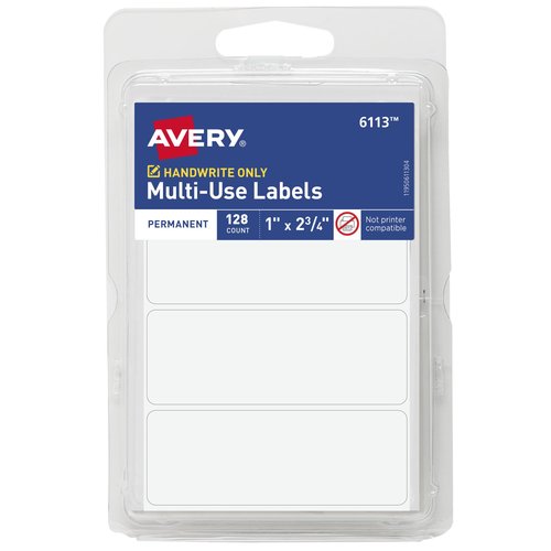 Avery Multi-Use Removable Labels, 1" x 2-3/4" Rectangle Labels, White, Non-Printable, 128 Labels Per Pack, 36 Packs, 4,608 Blank Labels Total (6113)