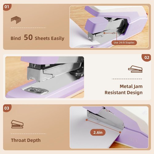 Deli Stapler - Heavy Duty Desk Stapler with 40-50 Sheet Capacity | Effortless One-Touch Loading, 3 Pack in 3 Colors