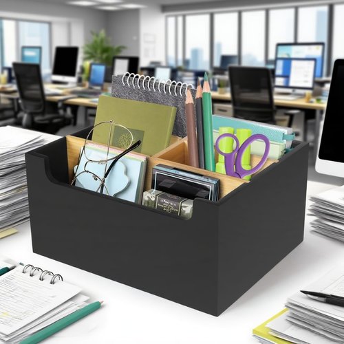 Desk Organizer Caddy with Adjustable Bamboo Dividers, Black Office Pen Holder for Desk, Small Mail Holder Bill Organizer with 5 Slots, Wood Workspace Organizer for Letter, Postcard, Remote Control