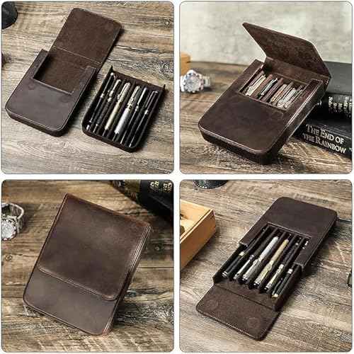 Leather Fountain Pen Case Collector Organizer,Pencil Case Handmade Pen Protective Sleeve (Magnetic 6 slots)