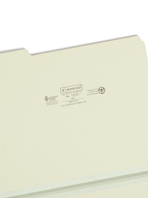 Smead Pressboard File Folder, 1/3-Cut Tab, 1" Expansion, Letter Size, Gray/Green, 25 per Box (13230)