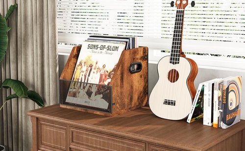 Homeiju 2 Pack Vinyl Storage, Record Crates, Metal & Wooden LP Crate