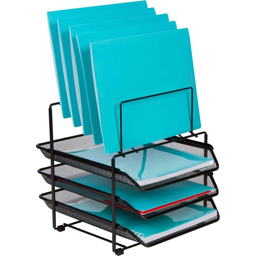 Mesh Desk Organizer and Storage, Office Organizer with 3 Sliding Letter Trays and 5 Vertical File Holders, Steel Mesh File Rack for Binders, Folders, and Clipboards. Letter Tray for Desk Organization