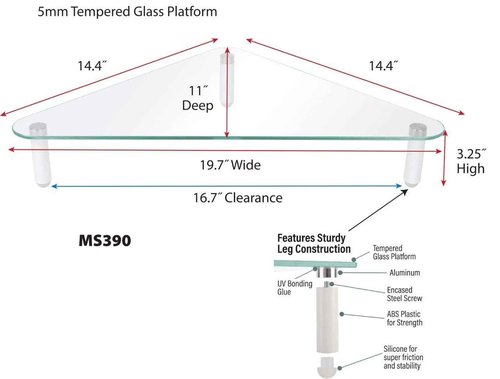Kantek Glass Corner Monitor Riser, 19.7" x 11" x 3.25", Clear, Supports 40 lbs