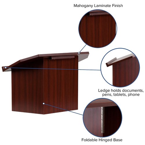 Flash Furniture Mysta Portable Tabletop Lectern with Hinged Foldable Base and Slanted Tabletop in Mahogany