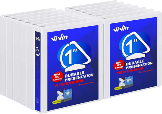 ViVin 1-Inch Slant D-Ring Binder - Durable, PVC-Free Design with 2 Interior Pockets | Fits 225 Sheets (12 Pack, White)