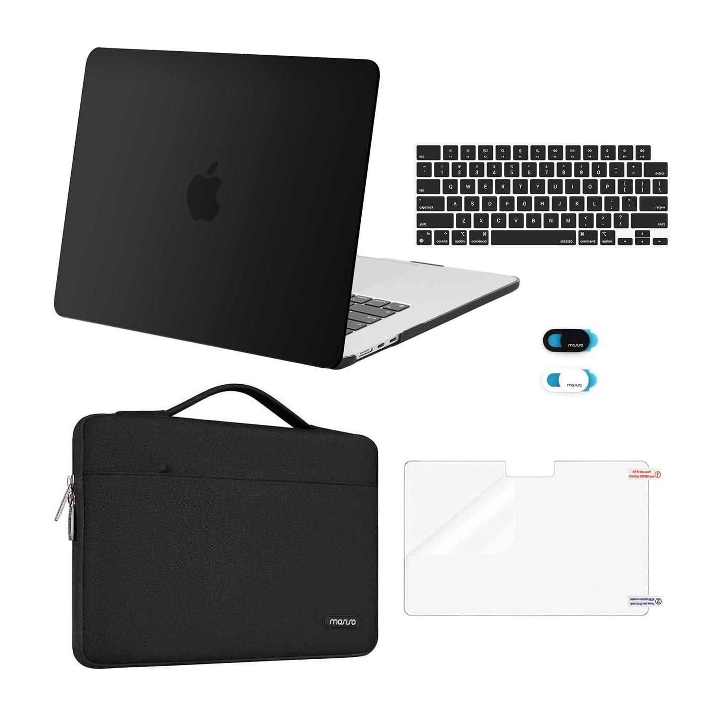 MOSISO Compatible with MacBook Air 15 inch Case M5 2026 M4 2025 M3 M2 2024 2023 A3448 A3241 A3114 A2941,Protective Hard Shell&Carrying Sleeve Bag&Keyboard Cover&Webcam Cover&ScreenFilm, Black