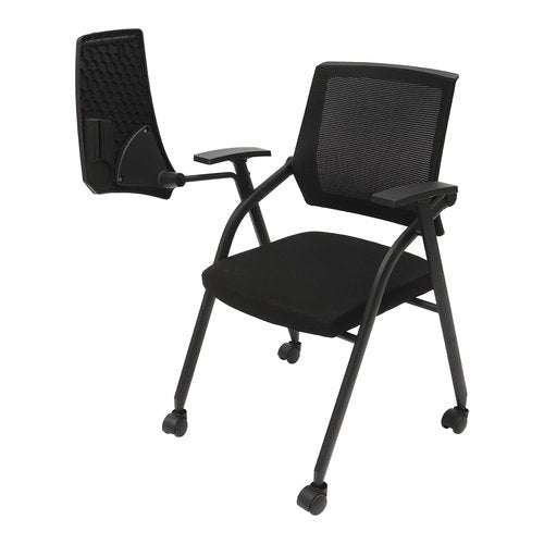 Tablet Arm Chair with Caster Wheels, Foldable and Stacking Office Reception Guest with Ergonomic Mesh Back and Arms for Meeting, Conference, Reception, Training Room & Home Office