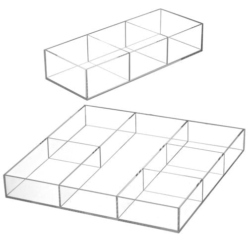 Peohud 2 Pack Acrylic Drawer Organizer Tray, 6/3 Section Clear Makeup Tray Organizer for Drawer, Junk Drawer Storage for Office Desk Supplies and Accessories