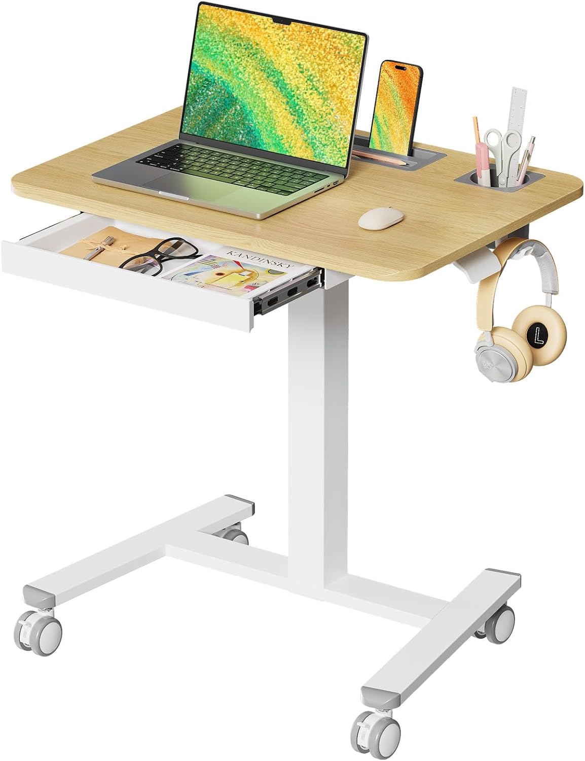 Skiennix Mobile Standing Desk - Height Adjustable Rolling Workstation with Drawer & Cup Holder | 28" Maple Finish