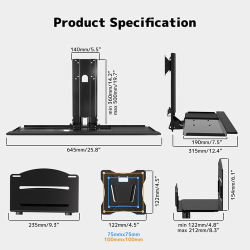 Monitor and Keyboard Wall Mount with CPU Holder for 32" Monitors (55 lbs Max), Keyboard Tray (4.4 lbs Load) & CPU Holder (22 lbs Capacity) - Height Adjustable, with Mouse Pad, VESA75/100