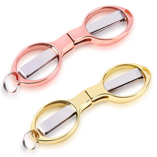 2PCS Folding Scissors, Portable Travel Scissor, Gift for Men Glasses Shaped Mini Shear Telescopic Cutter, Anti Rust Stainless Steel Scissors for Fishing Sewing Home Office (Rose Gold, Gold)