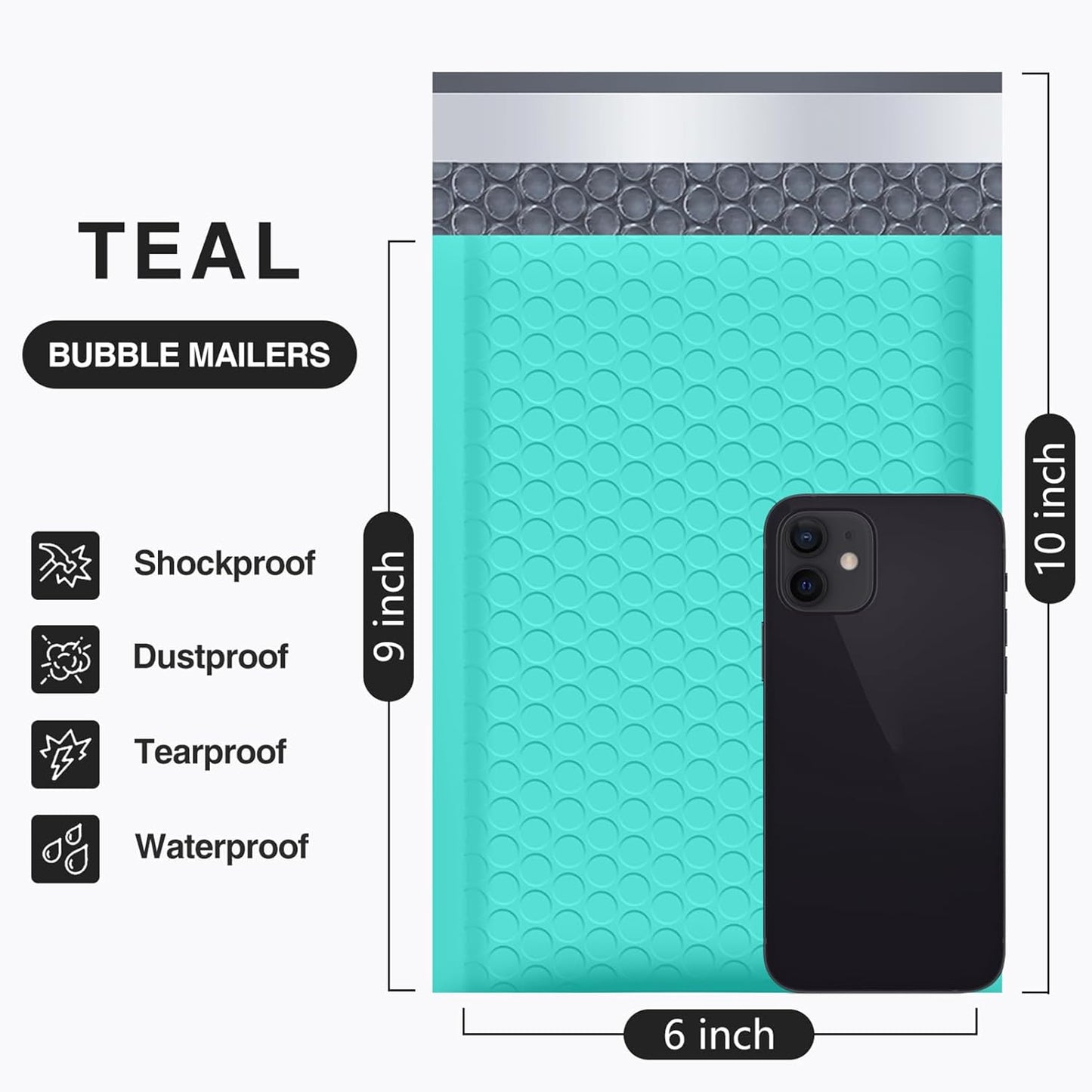 UCGOU Bubble Mailers - Teal 6x10 Inch Poly Padded Envelopes | 50 Pack Waterproof Self-Seal Bags for Shipping