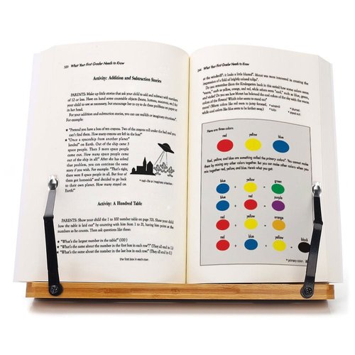 wishacc Bamboo Book Stand, Adjustable Book Holder Tray and Page Paper Clips-Cookbook Reading Desk Portable Stable Hard-Wearing Lightweight Bookstand-Textbooks Books