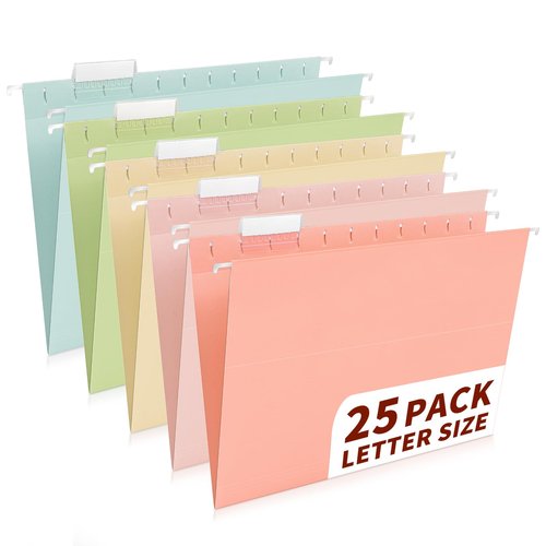 25-Pack Pastel Hanging File Folders, Letter Size (8.5"x11") with 1/5-Cut Tabs,35 Transparent Label Cards, 50 Sticker Labels–Home Office & Filing Cabinets