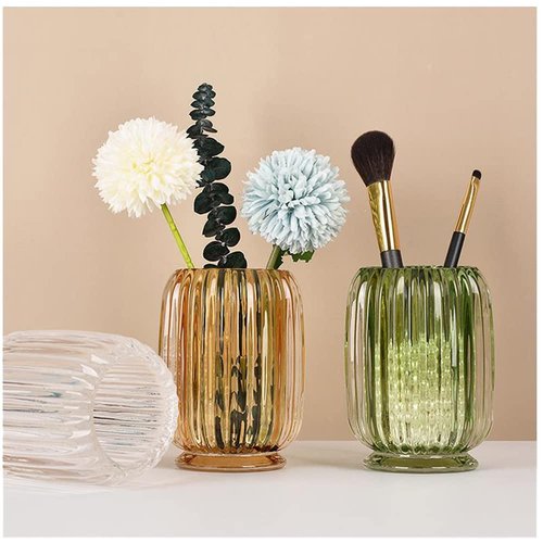 Alipher Makeup Brush Holder Glass Pen Holder Desk Makeup Brush Cup Office Pencil Organizer Unique Brush Storage Holder For Home Office (Green)