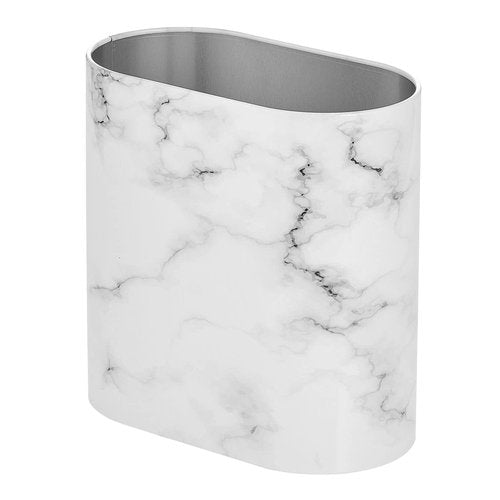 mDesign Slim Pill-Shaped Metal 1.98 Gallon/7 Liter Recycle Trash Can Wastebasket, Garbage Container Bin for Bathrooms, Kitchen, Bedroom, Office, Durable Stainless Steel, Mirri Collection, White Marble