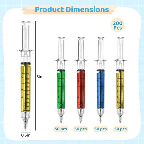 Tideme 200 Pcs Syringe Pens Bulk, Retractable Fun Nurse Pens, Multi-Color Novelty Ballpoint Pens, Pretend Party Favors, Nursing School Supplies, Unique Gifts for Nurses, Doctors, Black Ink (200)