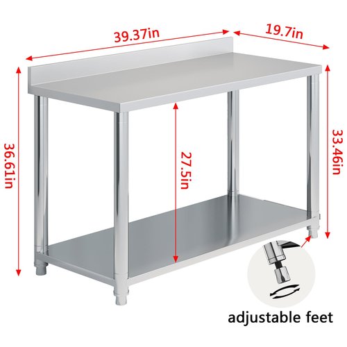 YeTrini Stainless Steel Table for Prep & Work 19 x 39 Inches, Heavy Duty Commercial Kitchen Prep Table with Undershelf and Backsplash for Restaurant, Home, Hotel, Garage and Workshop