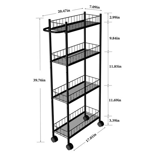 Utility Slim Storage Cart, 4-Tier Storage Cart, Narrow Cart with Handle, 7.1 Inches Deep, Metal Frame, for Kitchen, Dining Room, Living Room, Home Office, Rustic Brown and Classic (4 Tier Black)